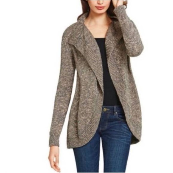 CAbi Sweaters - CAbi Swear By Sweater Small Taupe Marled Knit Gray Open Cardigan Round Hem